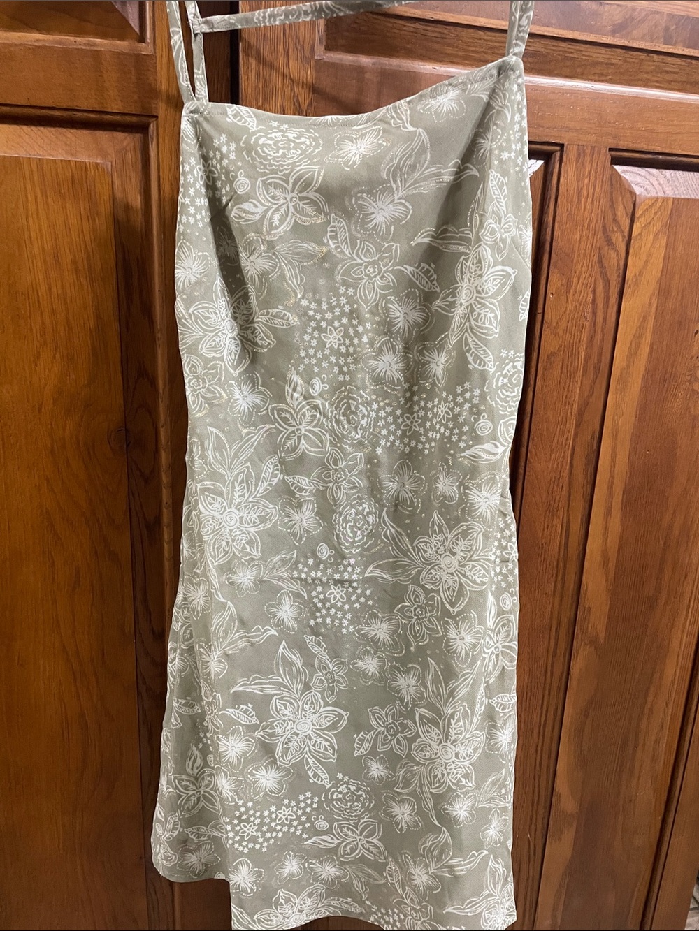 Sky to Moon Sage Green w Gold floral backless slip dress Sz.S NWOT